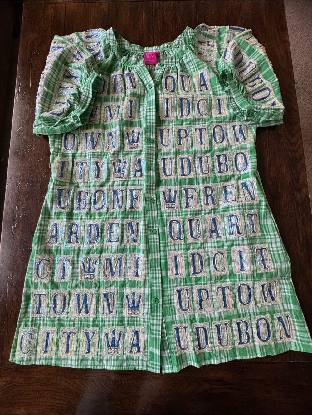 QUEEN OF SPARKLES Green and Blue Letter-Print Button Front Shirt